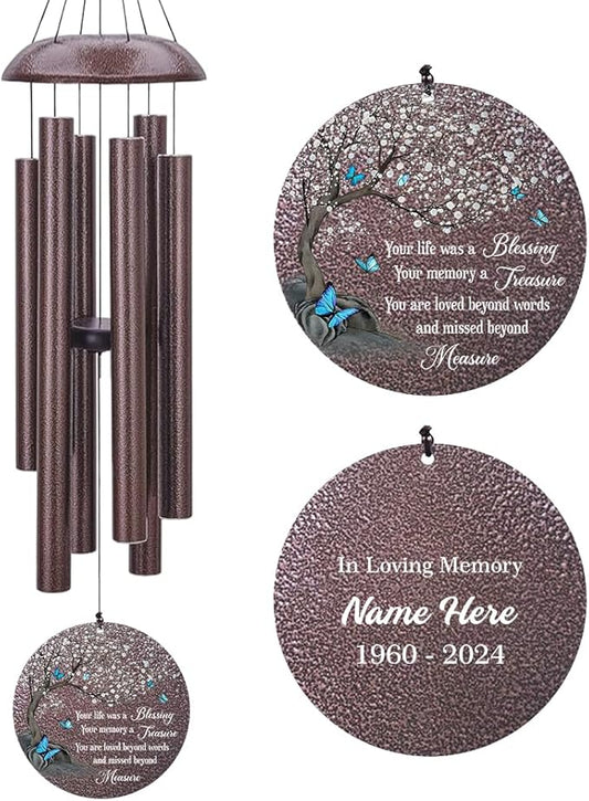 Personalized Wind Chimes, Blue Butterfly Sympathy Wind Chime, in Loving Memory for Loss of Loved Dad/Mom, Metal Large Memorial Condolences Gifts, 36inch Deep Tone Wind Chime
