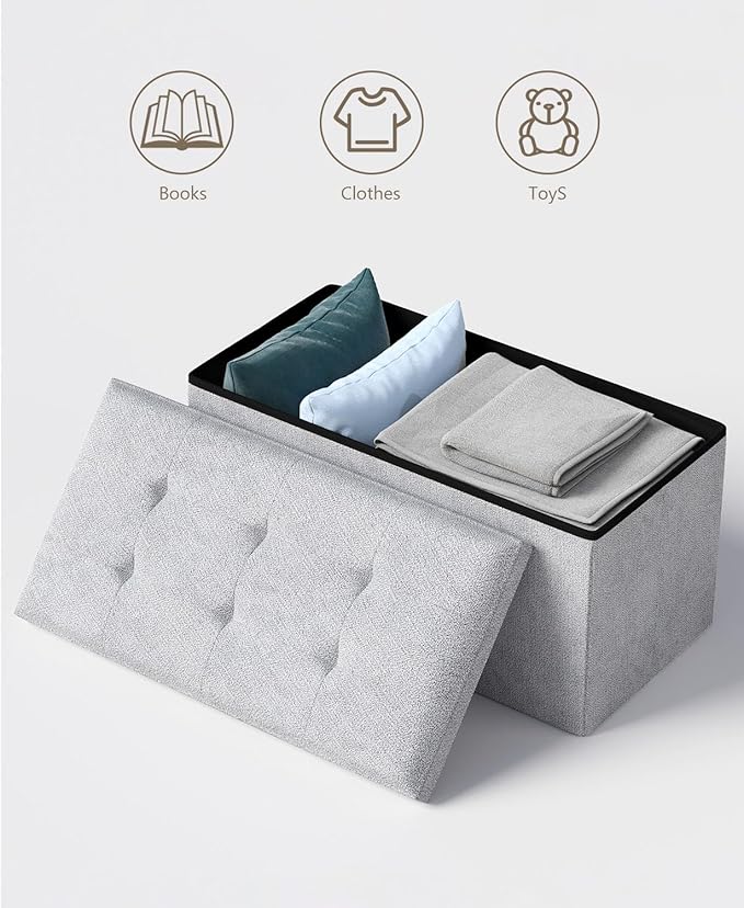 Storage Ottoman Bench, Folding Ottoman Foot Rest, 15 x 30 x 15 Inches, End of Bed Bench, Storage Chest, for Living Room, Bedroom, Hallway, Entryway, Light Gray
