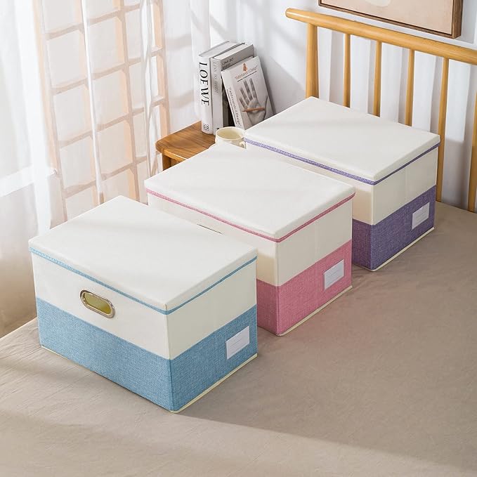 PRANDOM Collapsible Storage Bin with Lid [3-Pack] Fabric Foldable Storage Box Organizer Container Basket Cube with Cover for Home Bedroom Closet Office Nursery Purple&Cream(14.9x9.8x9.8)
