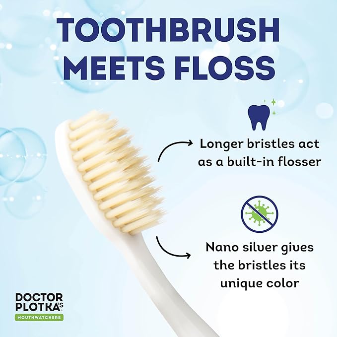 MOUTHWATCHERS Soft Flossing Toothbrushes for Kids, Yellow, Ultra Clean Manual Toothbrush for Sensitive Teeth & Gums, by Dr. Plotka
