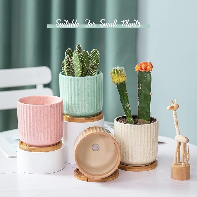 TAMAYKIM 4 Inch Cylinder Ceramic Boho Plant Pots with Drainage Hole and Saucer, Glazed Multicolor Flower Pots for Succulent, Snake Plant, Cactus and Herbs, Set of 4 (Plant Not Included)