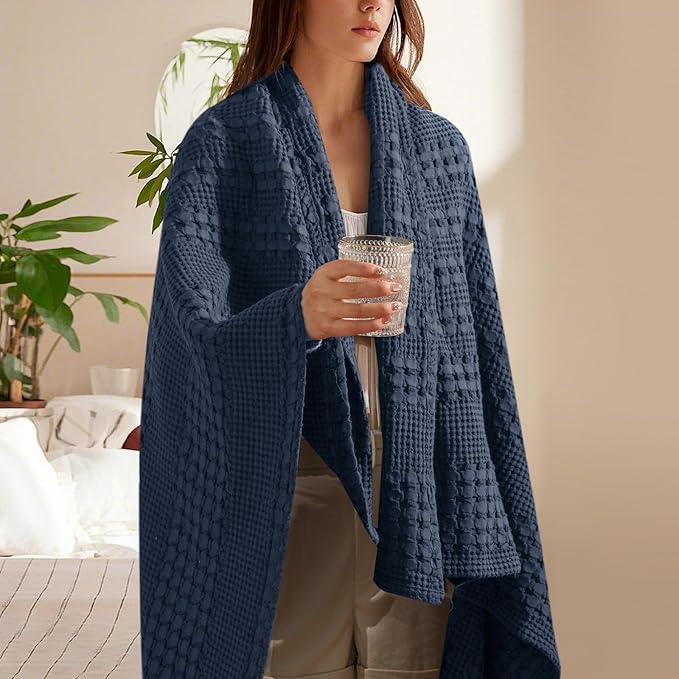 PHF 100% Cotton Waffle Weave Throw Blanket, Soft Lightweight Breathable Cozy Summer Throws for Couch Bed Sofa, Luxury Aesthetic Woven Blanket for Home Decor & Office, 50"x60", Dark Navy
