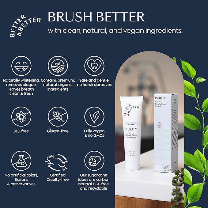 Better & Better Purity Toothpaste | Natural Whitening Toothpaste Without Additives | Organic, Vegan, Fluoride & SLS Free | Coconut-Based Formula w/Fresh Mint Flavor | 3.4oz, 1 Pack