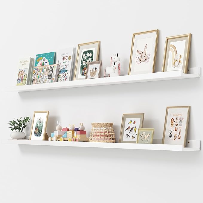 Picture Ledge Shelf, Floating Shelves Set of 2, Solid Pine Wood 72'' Long Large Nursery Book Shelves for Toys Storage, Kids Bookshelf for Living Room Bedroom Decor Books Photo Frames, White