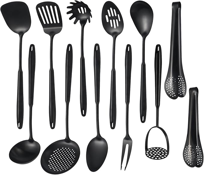 304 Stainlss Steel Matte Kitchen Utensils Set, 12 Pcs Long Metal Cooking Utensil Gadgets Tools Set with Spatula, Ladle, Spoon, Ladle, Skimmer, Tunner, Pasta Server, Tongs(Black, Dishwasher Safe)