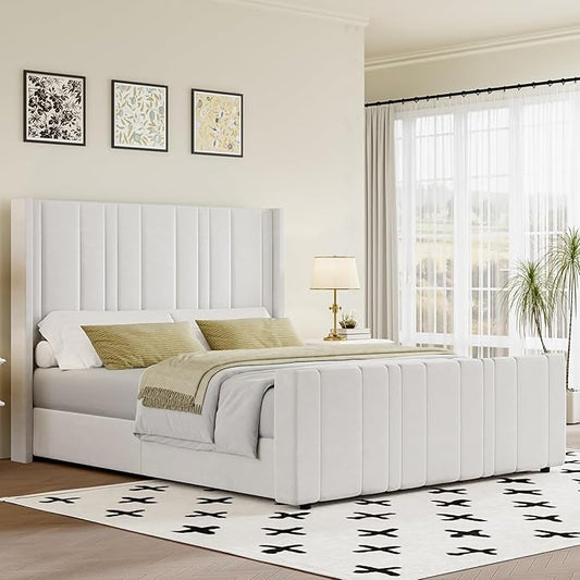 HOMBCK Queen Bed Frame Upholstered Platform Bed with Vertical Channel Tufted Headboard & Footboard, Wingback Design/Noise Free/No Box Spring Needed/Easy Assembly, Cream