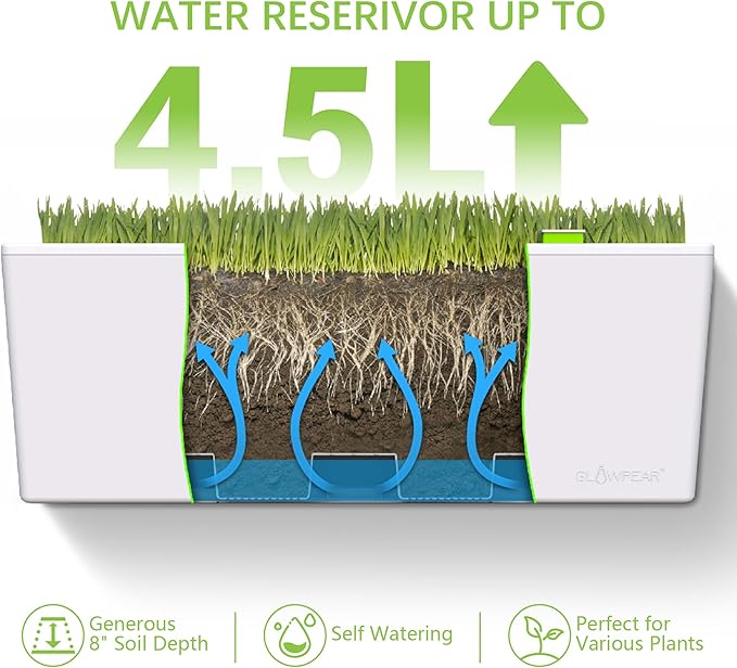 Glowpear Self Watering Planter Box - 23.6", White - UV Stable, Scalable Wall Mounts Plant Pot with Water Gauge, Indoor Outdoor for Vegetables, Flowers, Herbs, and Succulents, Gardening