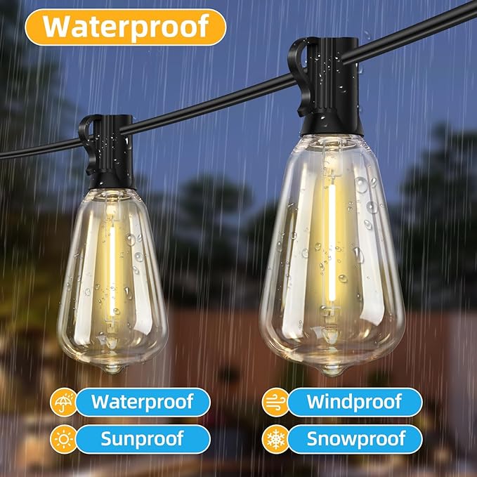 ST38 50FT LED Outdoor String Lights with 25+2 Spare Bulbs, E12 Socket, 2700K Warm White-for Backyard, Wedding, Camping, Porch, Deck, Gazebo, Bistro Decor