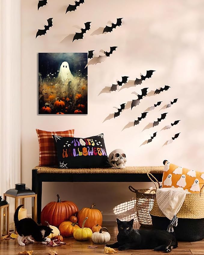 Halloween Canvas Wall Art, Spooky Ghost in Pumpkin Patch Poster, Vintage Gothic Fall Decor, Dark Academia Fall Decor for Living Room, Framed Indoor Halloween Decorations