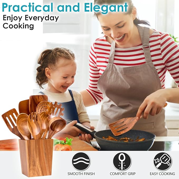 Wooden Spoons for Cooking, Acacia Wood Cooking Utensils Set – 11 Piece Wooden Kitchen Tools with Holder, Spoon Rest, Nonstick Cookware Safe by HOWHONG