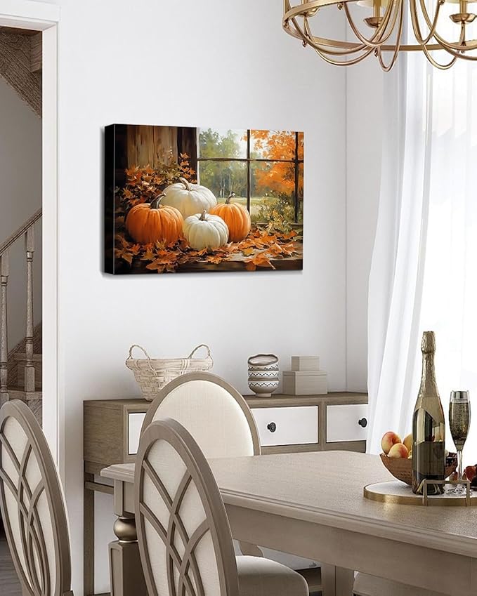 Vintage Pumpkin Window Fall Wall Art Decor, Farmhouse Barn Canvas Print with Autumn Harvest Theme, Framed Thanksgiving Decorations for Country Home, Ready to Hang