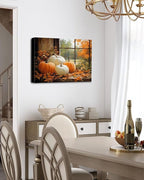 Vintage Pumpkin Window Fall Wall Art Decor, Farmhouse Barn Canvas Print with Autumn Harvest Theme, Framed Thanksgiving Decorations for Country Home, Ready to Hang