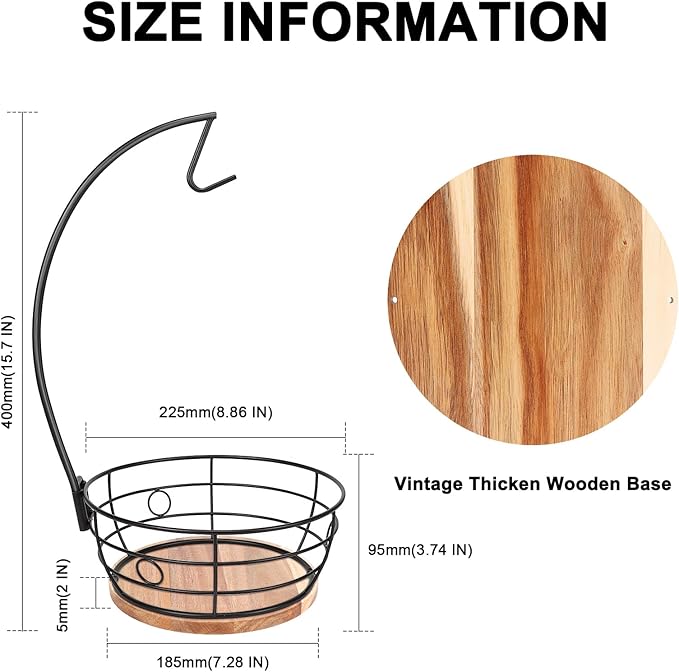 Livabber Countertop Fruit Basket Bowl with Banana Hanger, Modern Standing Fruit Vegetable Bowl Storage, with Banana Tree Holder for Kitchen Dinning Table (Round Wood, Black)