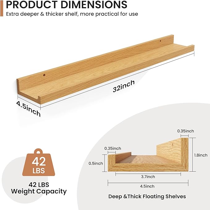 Fun Memories Picture Ledge Shelves Set of 2, 32 Inch Rustic Wall Mounted Floating Shelves with Lip for Home Storage and Décor in Bathroom, Kitchen, Nursery, Bedroom, Living Room, Oak