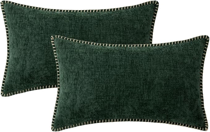 MIULEE Pack of 2 Christmas Pillow Covers 12x20 Inch Dark Green Farmhouse Decorative Throw Pillow Covers with Stitched Edge Soft Chenille Solid Dyed Couch Pillow Covers for Sofa Bed Living Room