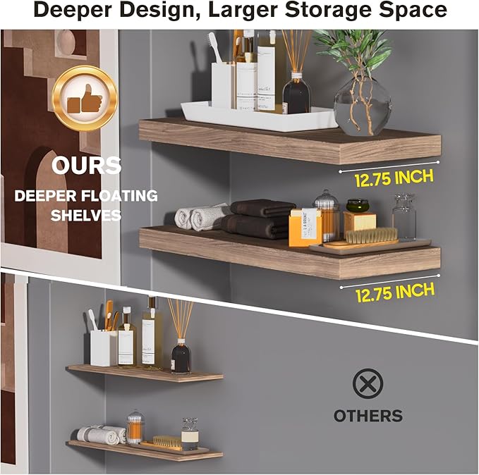 Floating Shelf, Set of 2 Wall Shelf, 24 in W x 12.75 in D x 2 in H Wooden Floating Wall Shelf with Invisible Brackets for Living Room/Bedroom/Bathroom/Kitchen Storage and Decor, Walnut