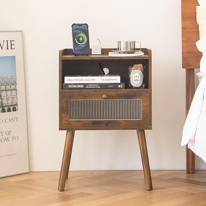 AWASEN Mid Century Night Stand with Charging Station, Wood Bedside Table with Glass Drawer, Small Modern Nightstand End Side Table with 2 Tiers Storage for Bedroom, Office(Rustic Brown)