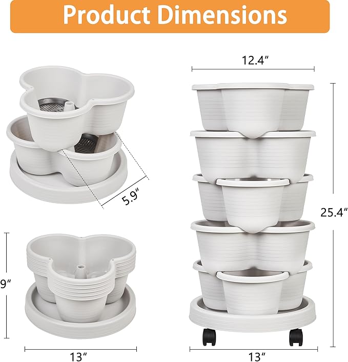 VECELO 5 Tier Vertical Garden Planter, Self Watering Stackable Planters with Wheels for Strawberries, Herbs, Flowers, Vegetables, Gray