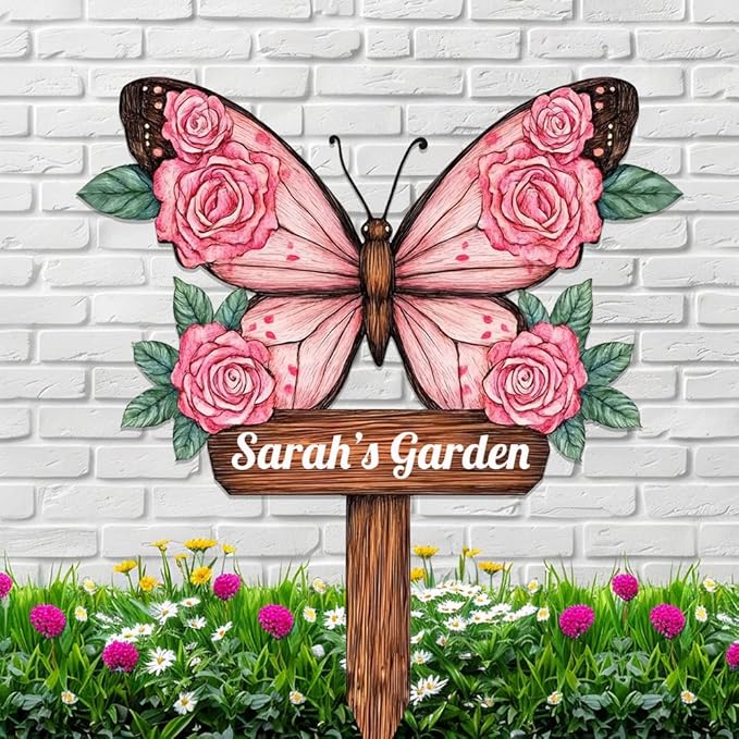 Personalized Butterfly Metal Sign with Stake,Custom Gardener Last Name Signs Outdoor Decorate,Customized Garden Accessories Decor for Mother's Day,Rose Flowers Plaques for Patio Lawn Porch Backyard