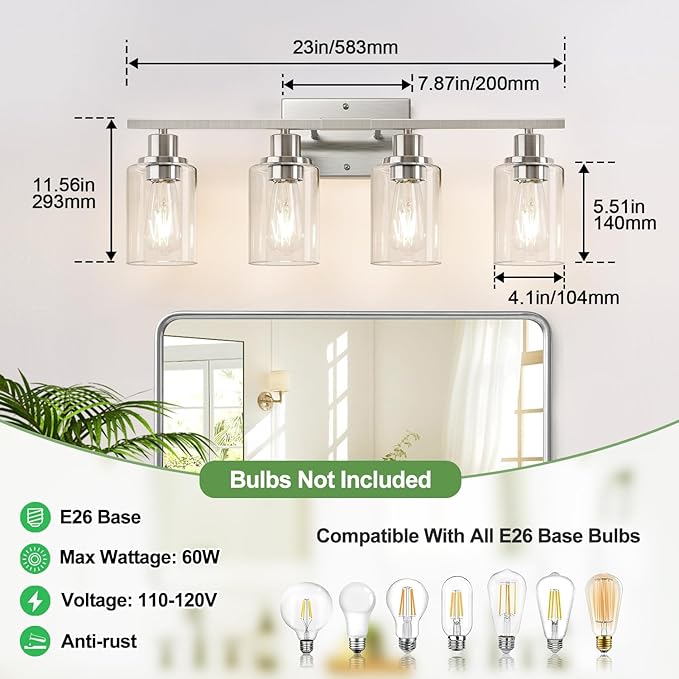 4-Light Bathroom Light Fixtures, Brushed Nickel Vanity Lights with Clear Glass Shades, Modern Bathroom Wall Lamp for Mirror Living Room Cabinet Bedroom Porch