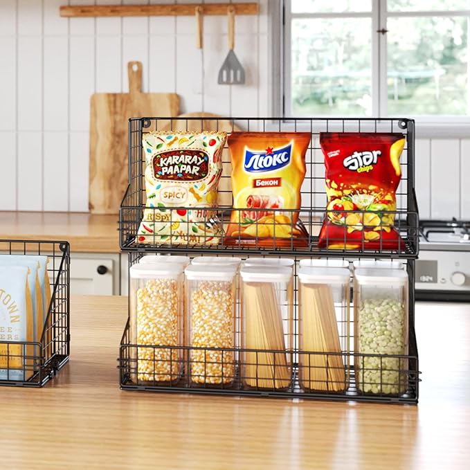 X-cosrack 3 Tier Large Stackable Snack Organizer - Versatile Wall Mounted Wire Storage Basket with Divider for Candy Chip Cans Bars - Ideal for Pantry Office Home