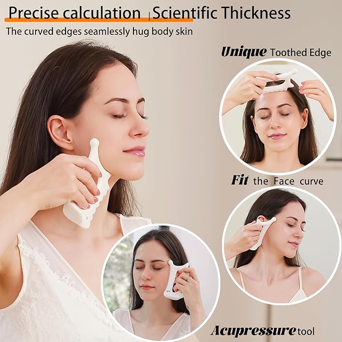 6-in-1 Ceramic Gua Sha Tool for Face & Body - Manual Facial Massage for Lymphatic Drainage, Jaw Lifting, Puffiness Care, Neck Massage for Stress Relief at Home, Self Care Gift for Mum Wife White