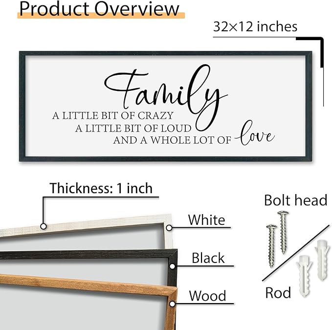 SRSZHIYUE Family A Little Bit Of Crazy Loud Sign Wall Decor Art 32"×12" Large Wood Framed Wall Hanging (Black)