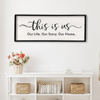 This is us Wall Decor Sign 32'' x 12'' Large Master Bedroom Home Life Story Wood Framed Vintage Family Sign Rustic Plaque Living Room Minimalist Farmhouse Hanging Wall Art (Black)