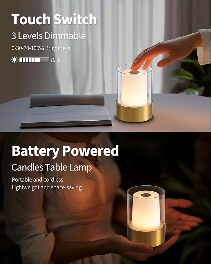 LED 4" Small LED Battery Operated Lamp Set of 2, Cordless Rechargeable Table Lamp, Mini Night Light, Waterproof Outdoor Desk Lamp for Bathroom Bar Dining Room Nursery Baby Coffee Shop (Bronze)