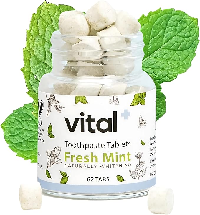 Vital Toothpaste Tabs with 7% Nano-Hydroxyapatite | Naturally Whitens + Remineralizes Teeth | Fluoride & Plastic Free | Combats Sensitivity | Travel & Eco Friendly | Fresh Mint | 62 Tablets (1 Month)