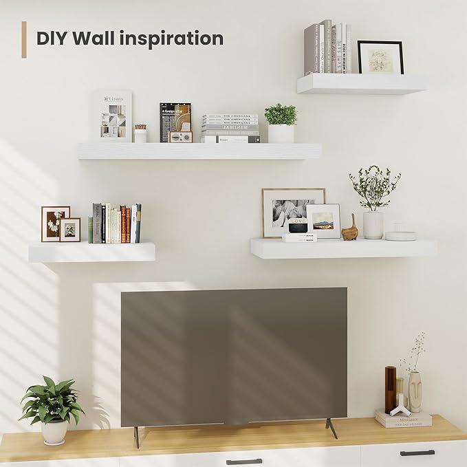 Heimlove 12 Inch Deep Floating Shelves, 48 x 12 inches Long Wall Shelf, Large Display Shelf & Storage Shelf, Rustic Wood Wall Shelves for Fireplace Mantel, Set of 2(White)