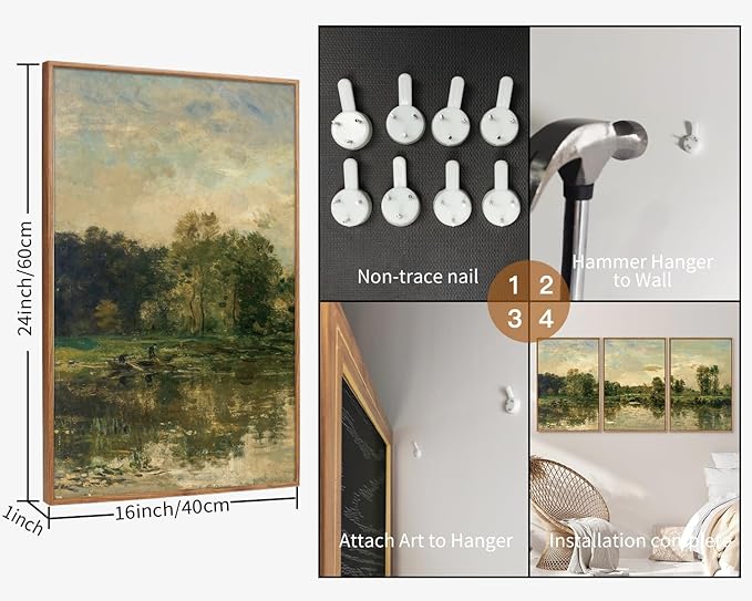 Tinonedraw Vintage Landscape Framed Canvas Wall Art Set of 3, French Country Art Prints, Nature Green Trees and Lake Art Paintings, Rustic Aesthetic Wall Decor for Living Room Bedroom Office 16"x24"x3