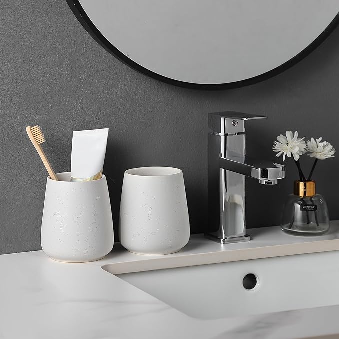Speckled White Ceramic Toothbrush Holder - Bathroom Tooth Brushing Holders, Toothbrush Cup, Toothpaste Organizer for Bathroom Countertop, Makeup Brush Holder, Pen Holder for Home Desktop Storage
