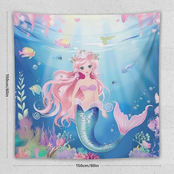 HZOHNAGO Mermaid Girls Tapestry Watercolor Mermaid Princess Pattern Printed Wall Tapestry Wall Hanging for Bedroom Living Room Dorm 60" W x 60" H