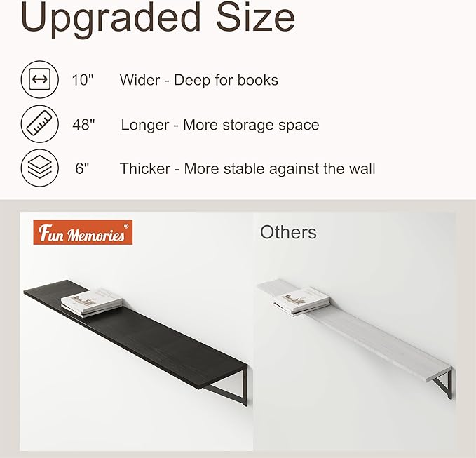 Floating Shelves 48 Inch Long, 10" Deep Floating Shelves, Black Wall Shelves 48 x 10, Set of 2, Wide Large Display Storage Shelves for Bathroom, Living Room, Rustic Wood Shelves with Brackets
