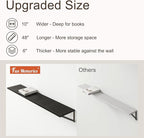 Floating Shelves 48 Inch Long, 10" Deep Floating Shelves, Black Wall Shelves 48 x 10, Set of 2, Wide Large Display Storage Shelves for Bathroom, Living Room, Rustic Wood Shelves with Brackets