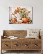 Autumn Pumpkin and Watering Can Canvas Wall Art, Rustic Fall Leaves Print Farmhouse Picture for Thanksgiving Decorations, Fall Wall Art Decor Ready to Hang