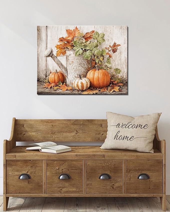 Autumn Pumpkin and Watering Can Canvas Wall Art, Rustic Fall Leaves Print Farmhouse Picture for Thanksgiving Decorations, Fall Wall Art Decor Ready to Hang