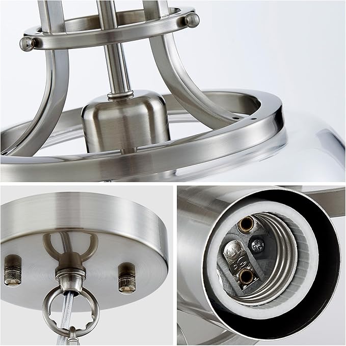 WUZUPS Chandelier Rustic Farmhouse Industrial Round Ceiling Pendant LED Light Fixture with Clear Glass Shades for Dining Room Kitchen Island Foyer Entryway, H 13" x W 10", E26 Base, Brushed Nickel