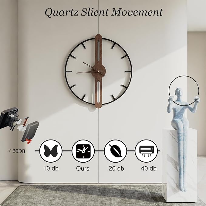 Modern Walnut Dial Wall Clock, Wood Large Wall Clock Decor Metal Frame Silent Non Ticking for Living Room, Bedroom, Kitchen, Study Decoration, Handmade Home Present Idea, 20 in （50 cm）