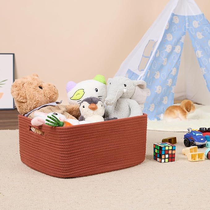 Large Storage Baskets for Shelves, Closet Organizers Bins for Clothes Blanket Towels, Baby Nursery, Toy Baskets Box, Woven Rope Baskets, 17 x 13 x 7.5”, 2 Packs Oxide Red