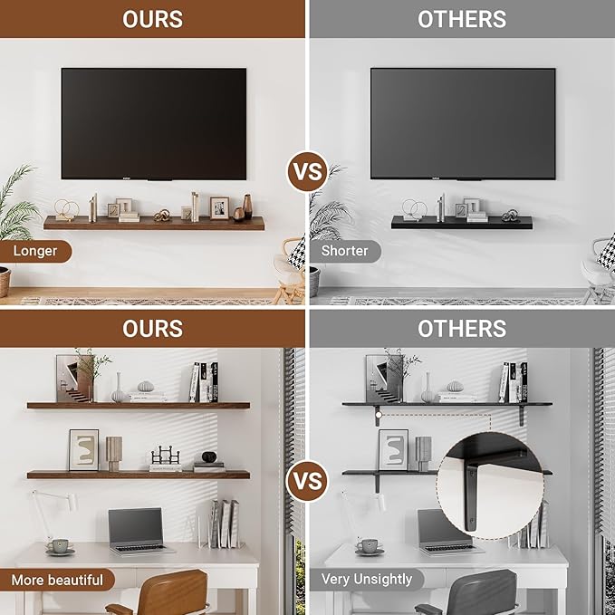 Heimlove 55 Inch Long Floating Shelves for Wall,9.3" Deep Walnut Floating Shelf Set of 2,Large Display Shelf & Storage Shelf,Wall Mounted Shelves for Bedroom Living Room Kitchen Office