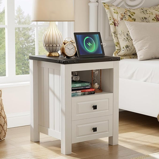 Apicizon End Table, Farmhouse End Tables with Charging Station, Nightstand with Drawers and Storage Cabinet, Wood Coffee Table for Small Spaces, Sofa Side Table for Living Room, Bedroom