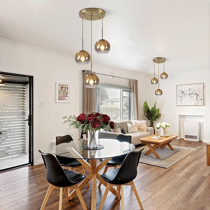 KCO Lighting 3 Light Globe Cluster Pendant Light Modern Glass Cluster Chandelier Gold Glass Pendant Light Fixture Mid Century Dining Room Chandelier Multi Pendant Light Fixture