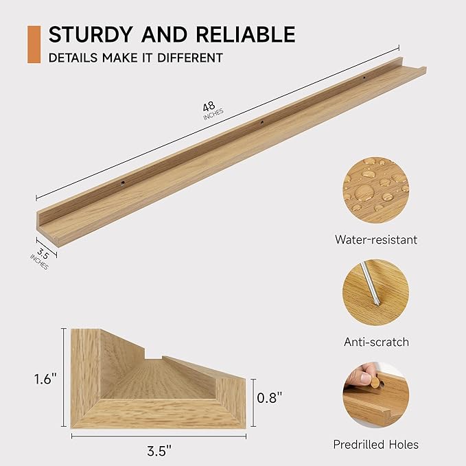 Picture Ledge Shelf for Wall, Floating Shelves Set of 4, 48 Inch Long Nursery Book Shelves for Toys Storage, Kids Bookshelf Wall Mounted for Books Photo Frames, Oak