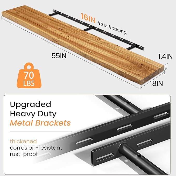 55 Inch Floating Shelves, Rustic Live Edge Elm Wood Shelves for Wall, Heavy-Duty Long Floating Shelf with Invisible Bracket, Wall Mounted Storage Shelves for Books, Bathroom, Kitchen, Natural Finish