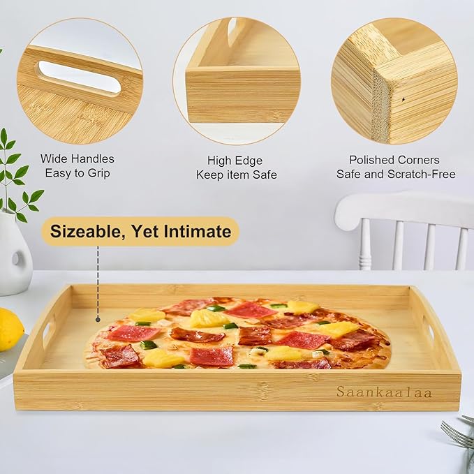Bamboo Serving Tray Set of 2 Elegant for Coffee, Eating or Decor - Large and Small Rectangle Serving Trays with Handles - Wood Serving Tray Suitable for Home, Kitchen and Outdoor