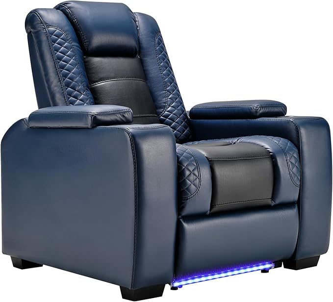 ANJ Power Home Theater Seating, PU Leather Electric Recliner Chair with Powered Headrest, Dual Motors Movie Reclining Chairs with LED Lights,USB Port, Cup Holders, Hidden Arm Storage (Blue & Black)