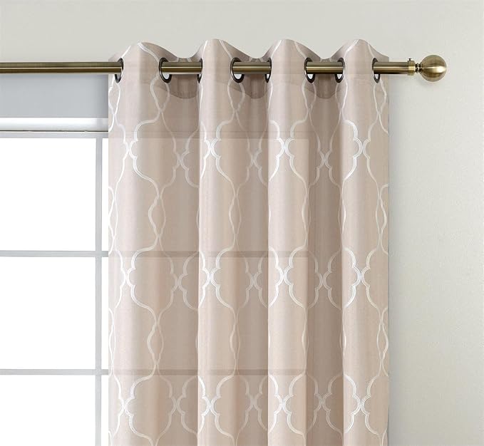 MIUCO Moroccan Embroidered Semi Sheer Curtains Faux Linen Grommet Window Drapes for Living Room 52 x 95 Inch 1 Pair Set, Linen