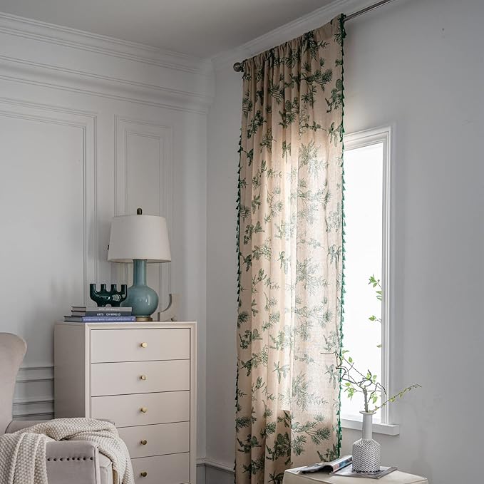 Sutuo Home Boho Curtain 84 Inches Length for Bedroom, Printed Cotton Linen Rod Pocket Semi Blackout Farmhouse Bohemian Tassels Window Treatment for Living Room, 1 Panel 59" W x 84" L, Green Forest